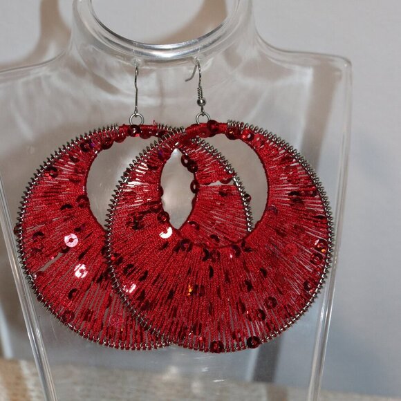 3" Silk Thread and Sequins Wrapped Extra Large Hoop Earrings - Picture 3 of 6